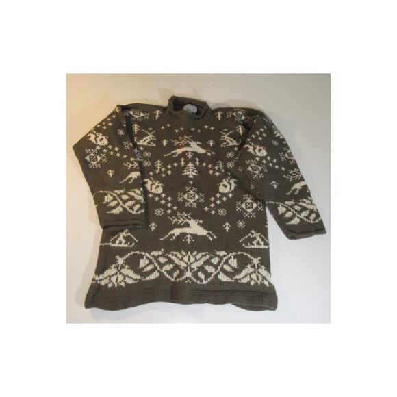 Nomadic Traders Christmas Deer Snow Trees Sweater 100% Wool Olive White Women L - Picture 1 of 7